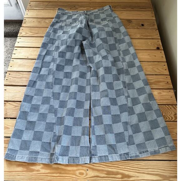 NWT Bibi Wide Leg Jeans Size Large Women’s Blue Checkered High Rise - Picture 2 of 10
